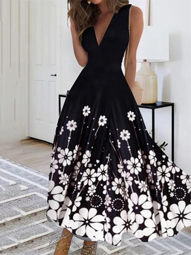 Floral V Neck Regular Fit Elegant Dress