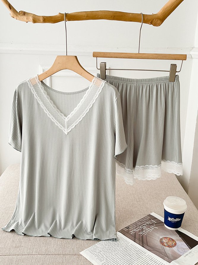V Neck Lace Casual Homewear Set