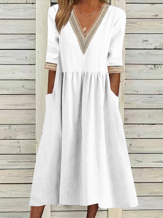 Plain Lace Cotton And Linen Linen Dress