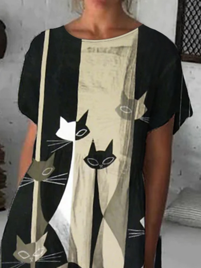 Crew Neck Cat Casual Loose Dress