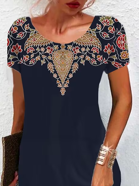 Crew Neck Ethnic Loose Boho Dress