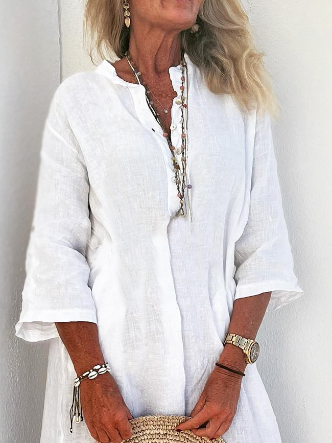 Half Open Collar Buttoned Linen Loose Dress
