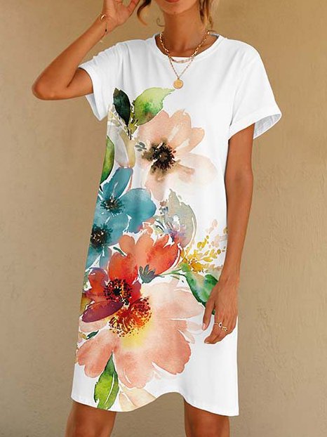 Crew Neck Floral Printed Casual Simple Midi Dresses