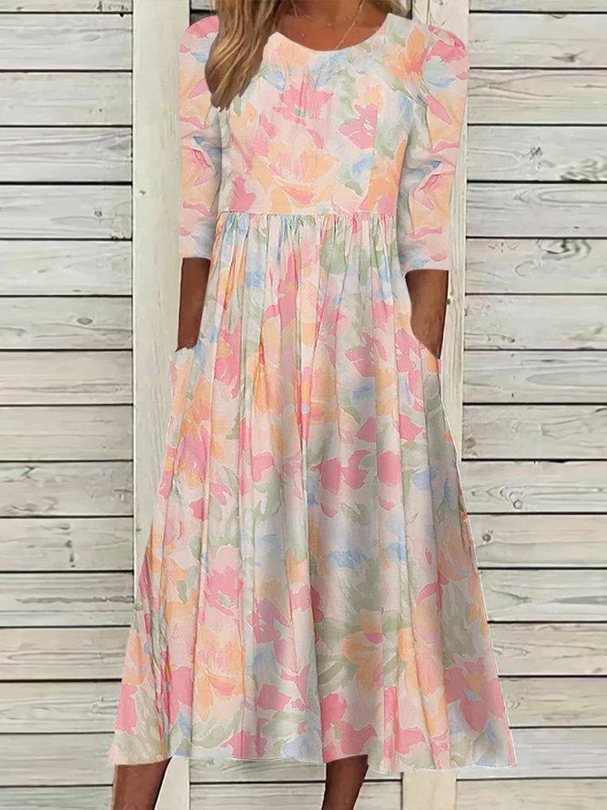 Loose Floral Crew Neck Casual Dress
