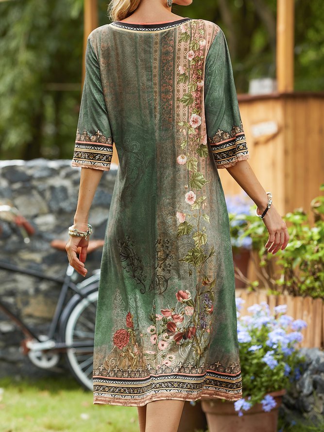 Floral V Neck Casual Jersey Dress