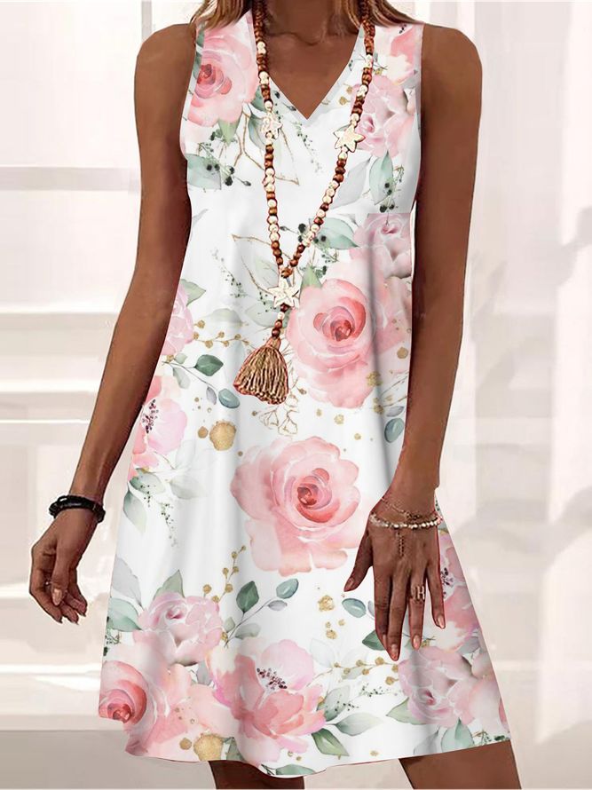Vacation Floral V Neck Knitted Dress