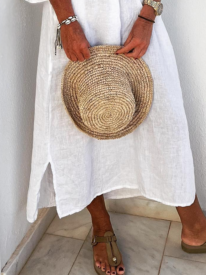 Half Open Collar Buttoned Linen Loose Dress