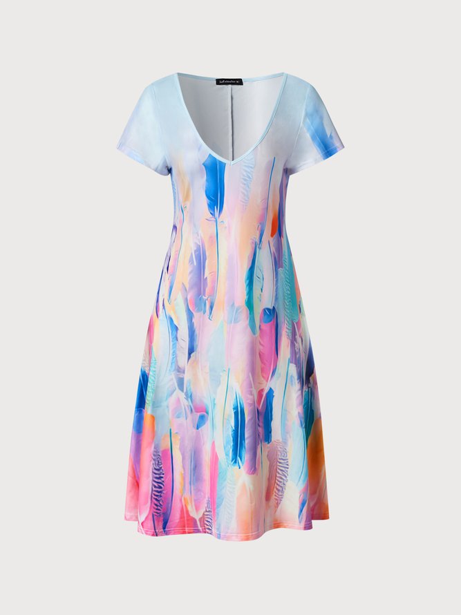 Vacation Feather Pattern Pattern Short sleeve V neck Dress