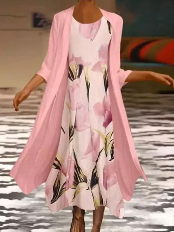 Crew Neck Floral Tulip Casual Two-piece Set Dress with Cardigan