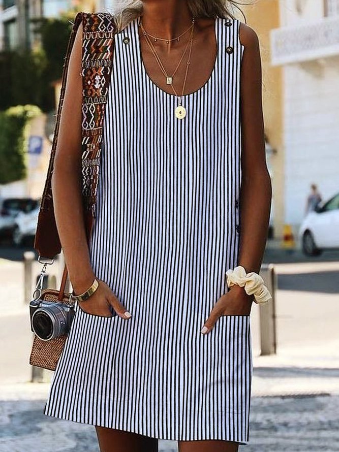 U Neck Pockets Striped Daily Sundress