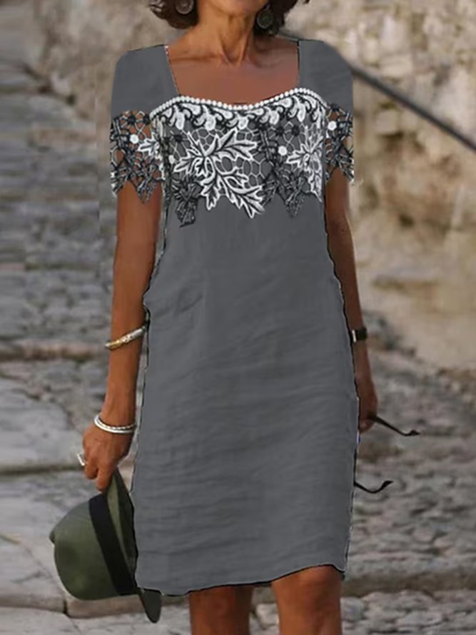 Color Block Vacation Square Neck Lace Dress