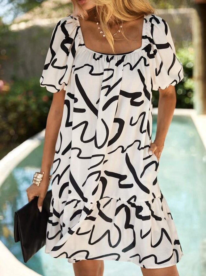 Geometric Loose Square Neck Casual Dress