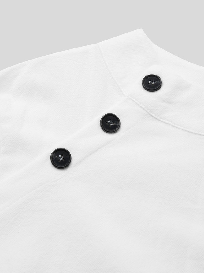Women Plain Button Detail Casual Cotton And Linen Dress
