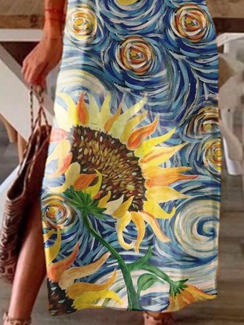 Round Neck Sunflower Floral Beach Vacation Midi Dresses