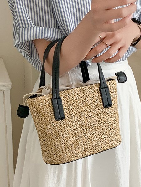 Casual Straw Drawstring Handbag Messenger Bag Vacation Beach Women
