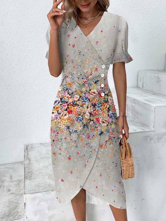 Buckle V Neck Casual Floral Dress