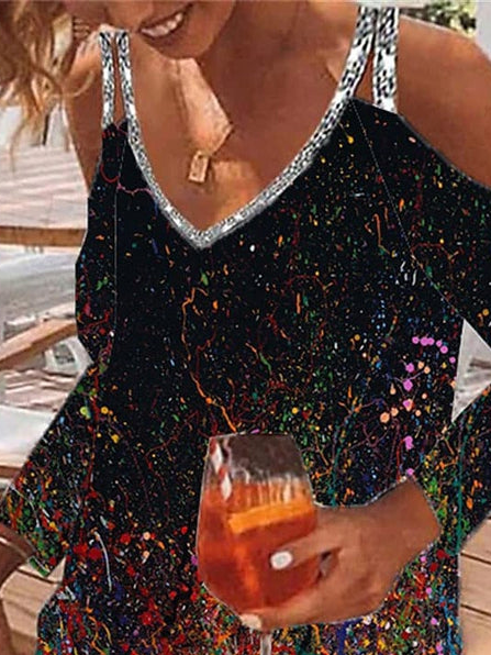 V neck Loose Ombre Glitter Dress