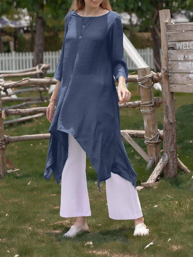 Women Summer Linen 3/4 Sleeve Daytime Crew Neck Asymmetric Dress