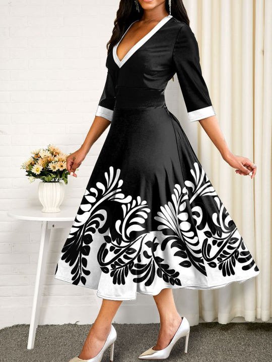 V Neck Branches Casual Dress