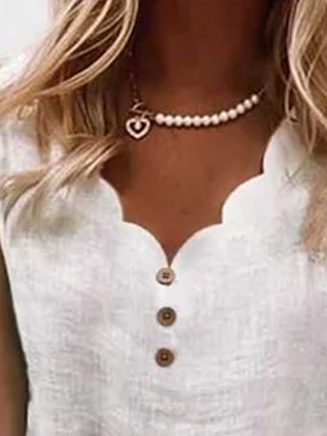 Buttoned Cotton And Linen Linen Plain Dress