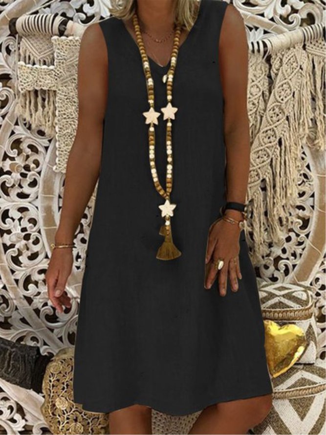 Casual Plain V-neck Sleeveless Dress