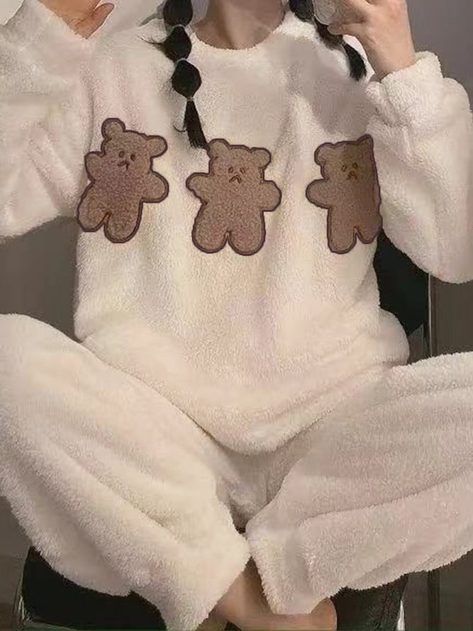 Flannel Cute Cartoon Bear Pajamas Long Sleeve Pants Loungewear Set Plus Size