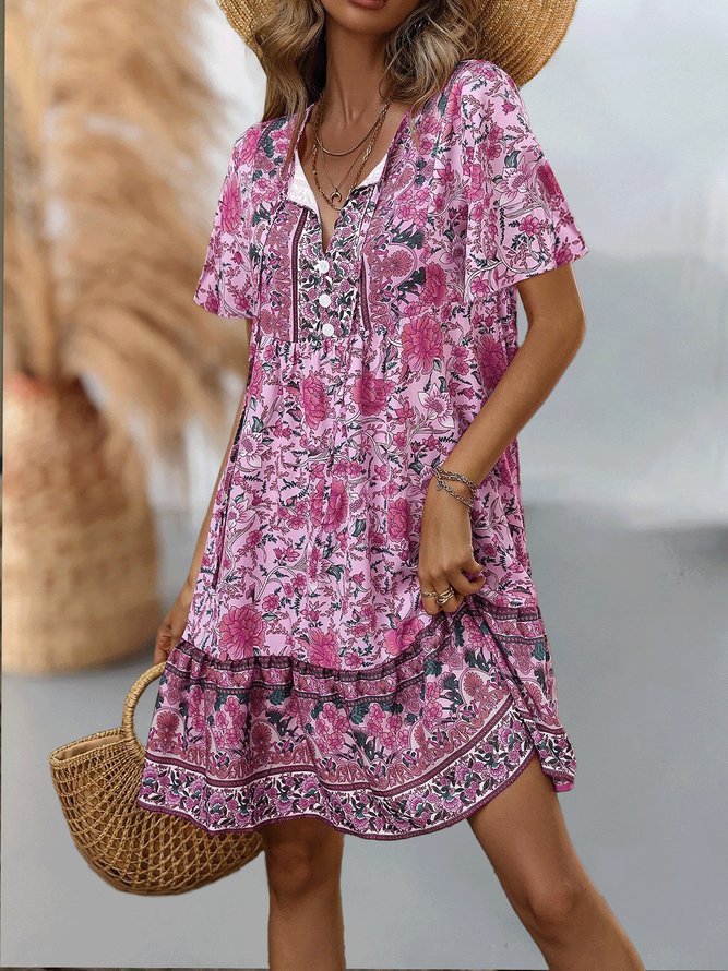 Floral Boho V Neck lightweight Smock Dress