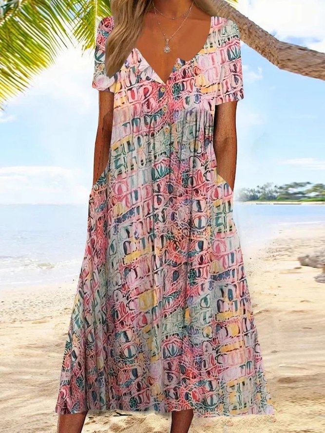 Casual Geometric Crew Neck Loose Dress