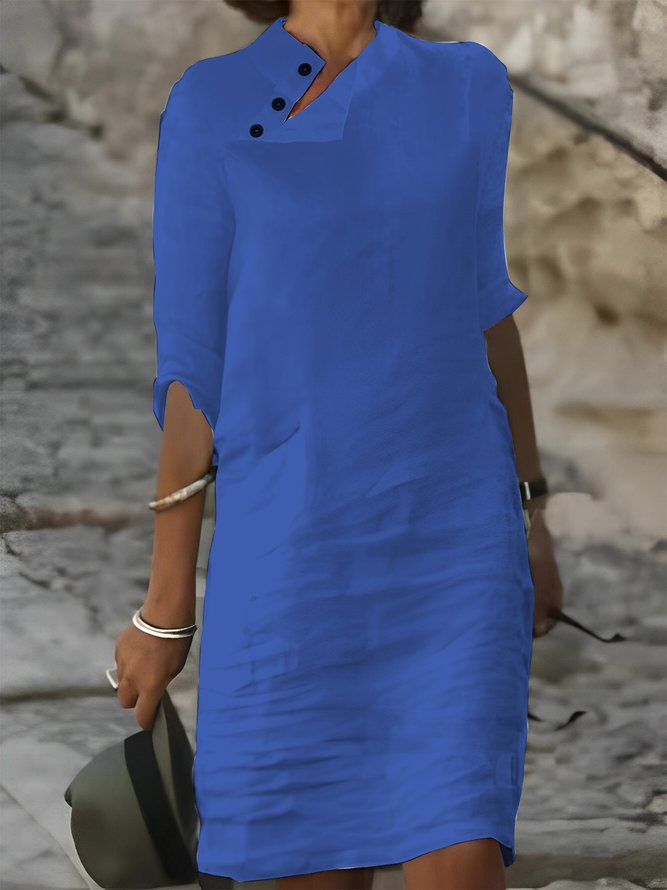 Women Plain Button Detail Casual Cotton And Linen Dress