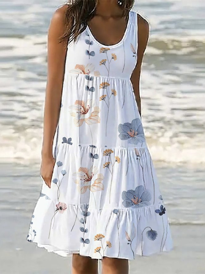 Floral Ruched Scoop Neck Vacation Loose Dress