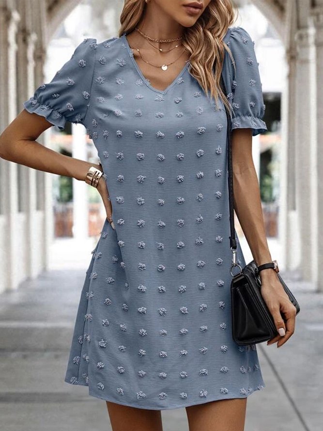 Swiss Dot Lantern Sleeve Plain Simple V Neck Dress