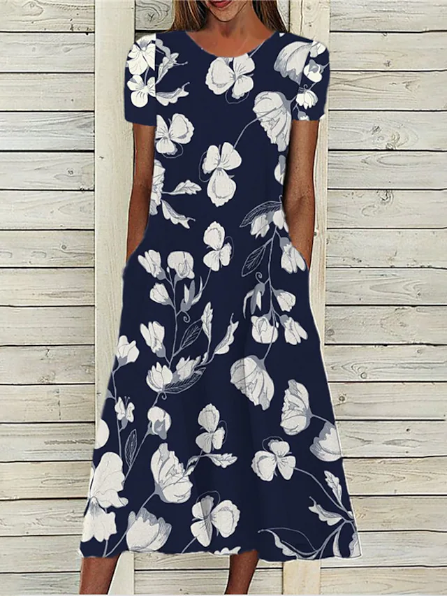 Round Neck Floral Casual Midi Dress