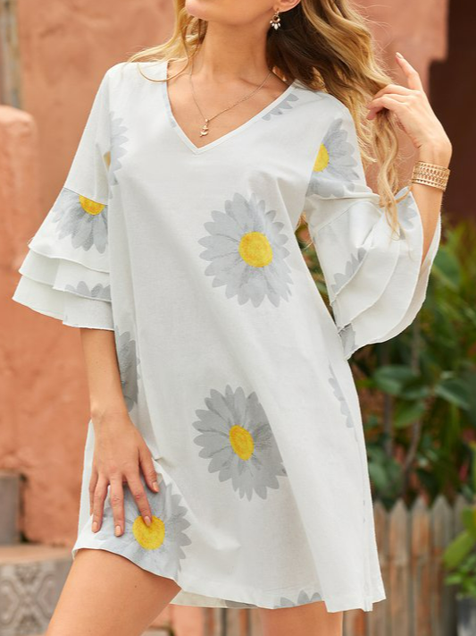 V Neck Cotton Floral-Print Casual Weaving Dress