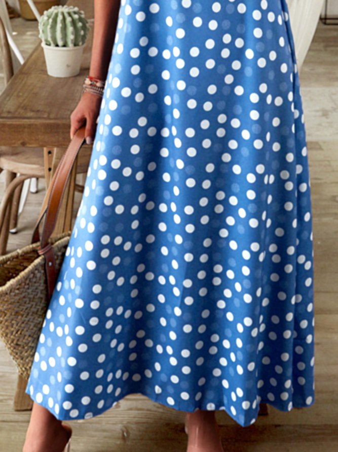 Round Neck Women Summer Weaving Dress Printed Polka Dots Midi Weaving Dress
