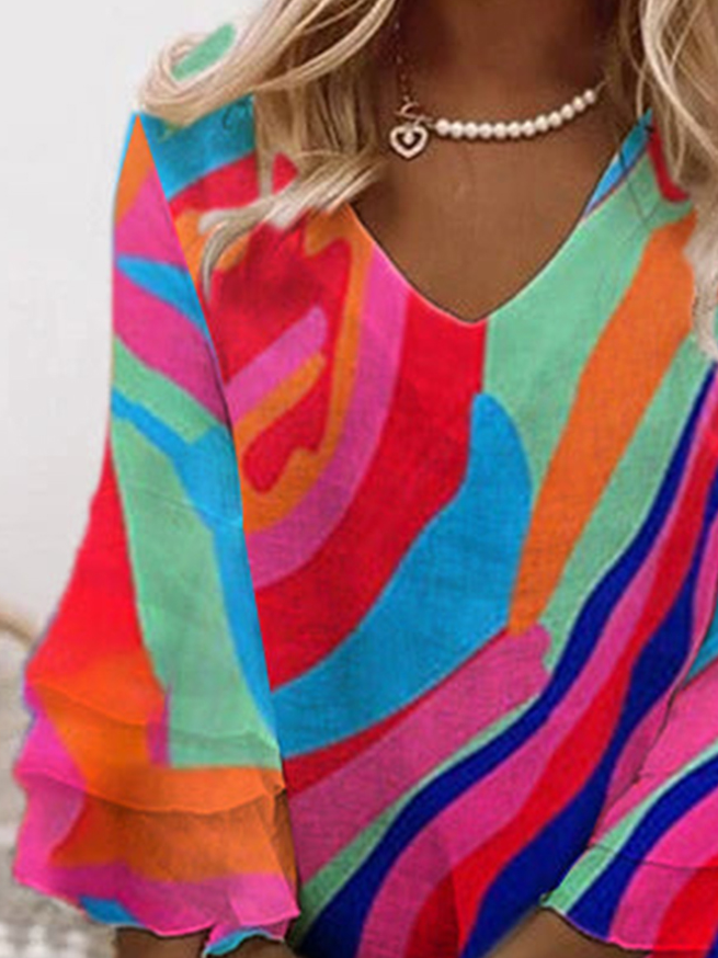 Casual Loose V Neck Color Block Dress