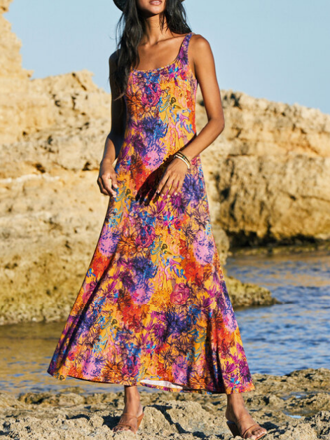 Crew Neck Vacation Loose Color Block Tank Dress