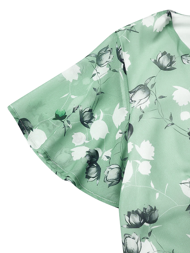 Women's Holiday sage green Dress Floral Chiffon Skirt Short Sleeve Floral Ruffle Spring Summer V Neck Fashion Daily Dating Vacation