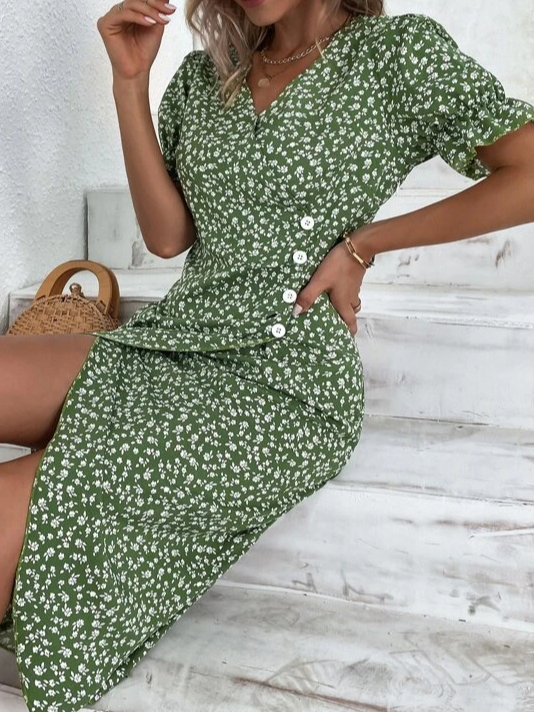 Ditsy Floral Ditsy Flounce Sleeve Wrap Hem Dress