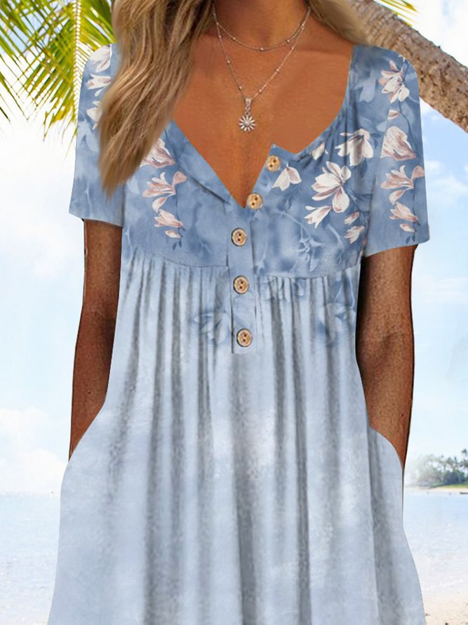 Gradient flower half open button pocket holiday Long Dress