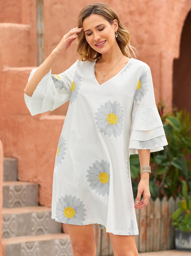 V Neck Cotton Floral-Print Casual Weaving Dress