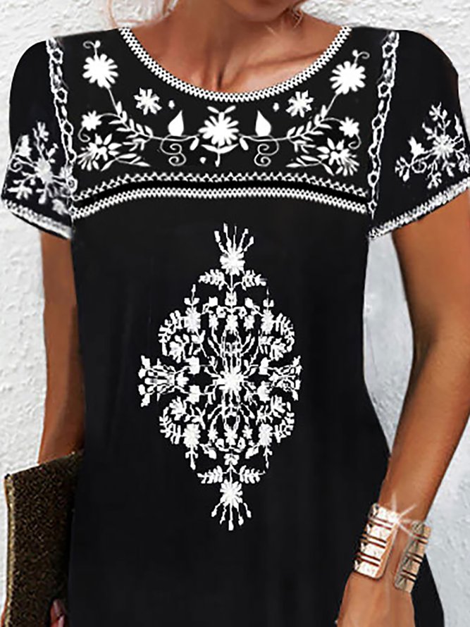 Vintage Mexican Flower Design Crew Neck Prom Dress