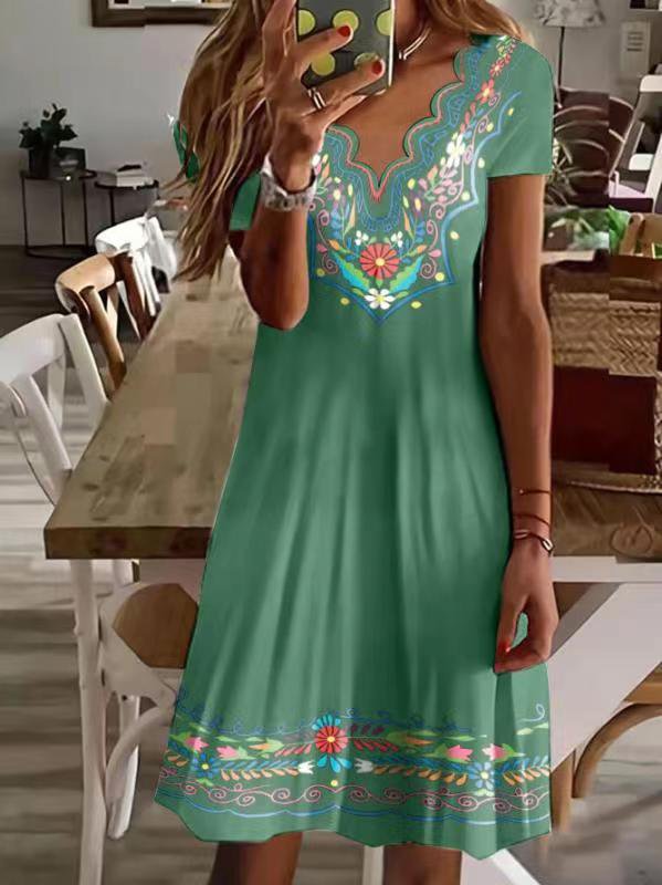 V Neck Tribal Black Vacation Casual Mini Dress