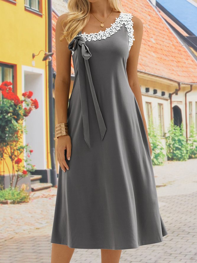 Elegant Lace Asymmetrical Neck Sleeveless Knitting Dress