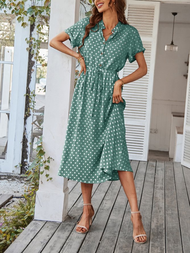 Loose Casual Stand Collar Polka Dots Dress