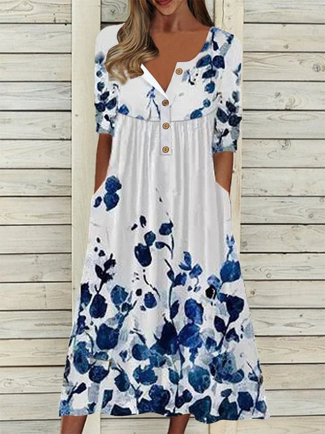 Crew Neck Button Floral Vacation Midi Dress