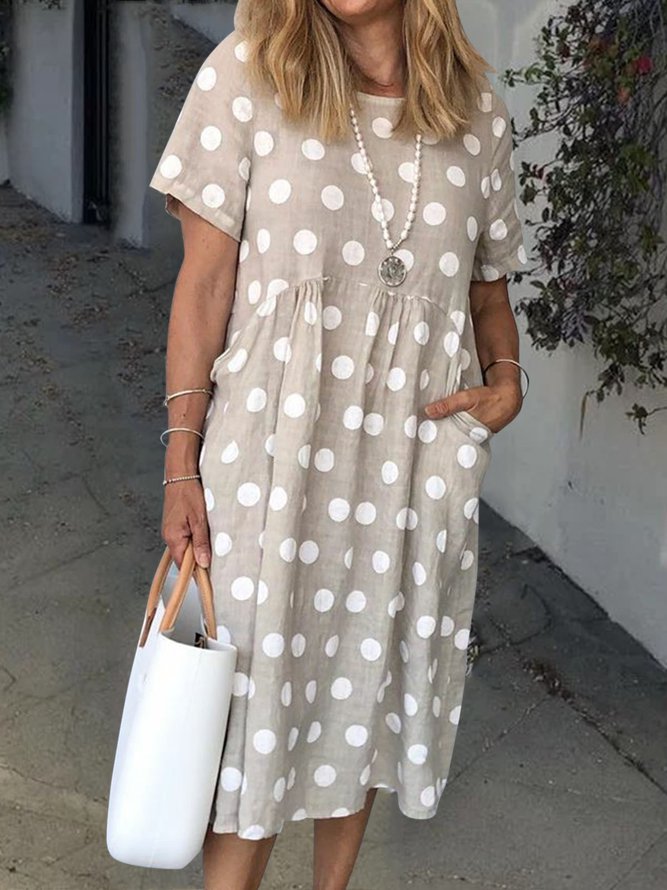 Women Polka Dots Pockets Casual Summer Weaving Smock Dress
