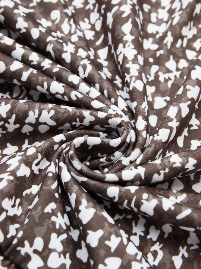 Brown Three Quarter V Neck Floral Shining Midi Smock Dress