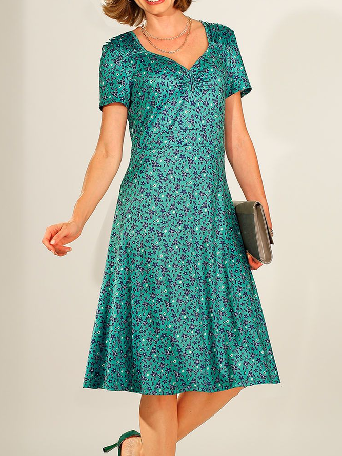 Ditsy Floral V Neck Casual Color Block Dress