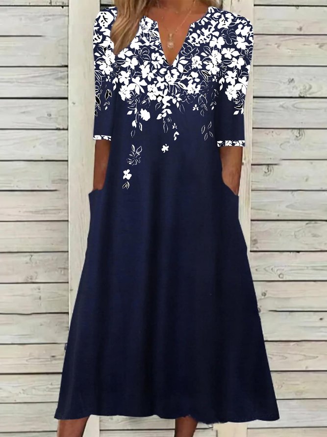 Elegant Henley Neck Loose Floral A-Line Half Sleeve Dress