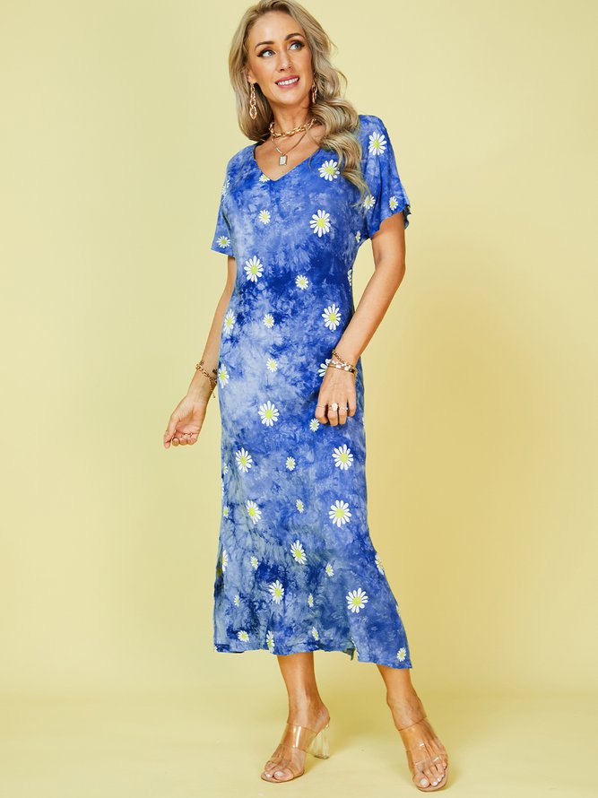 Blue Purple Ombre/tie-Dye Short Sleeve Shift Crew Neck Knitting Dress